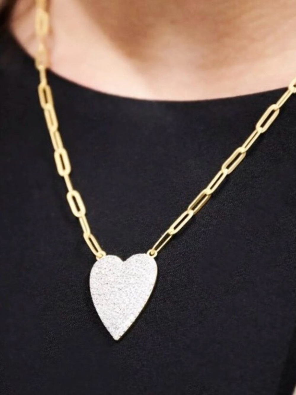 Freida Rothman Gold Link Necklace with Silver Pave Heart Pendant - Women Jewelry